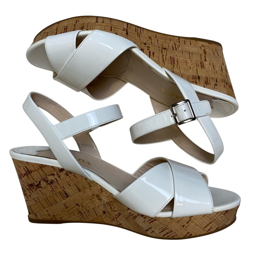 Prada White Patent Leather Criss Cross Ankle Strap Cork Wedge Sandals Size 39 - Picture 1 of 16